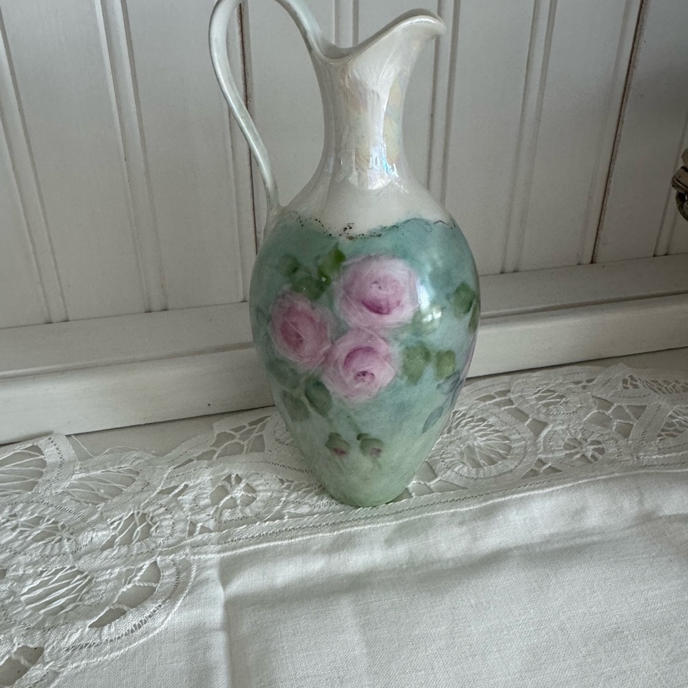Vintage Heinrich Hand Painted Floral Ceramic Pitcher with Pink Roses